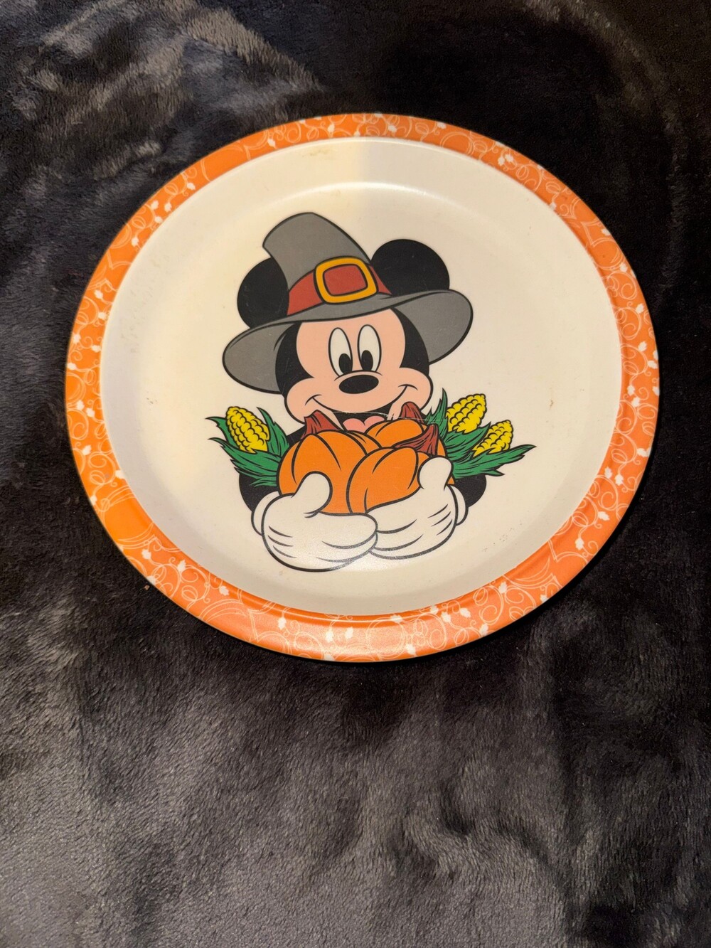 Disney Mickey Mouse Plate Orange Rim Pilgrim Hat Thanksgiving Design